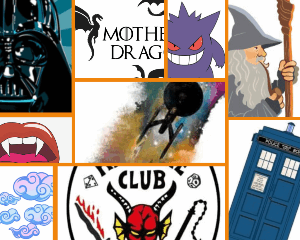Collage of popular fandom characters and symbols including Darth Vader, "Mother of Dragons" from Game of Thrones, Pokémon's Gengar, Gandalf, Starship Enterprise from Star Trek, vampire fangs, the Fight Club logo, and the Doctor Who TARDIS.